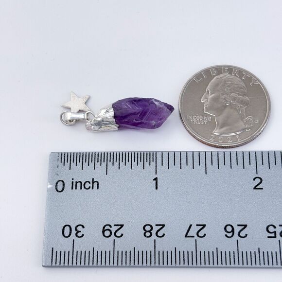 Vintage Silver-Tone Star Charm Amethyst Raw Crystal Pendant - Picture 6 of 6